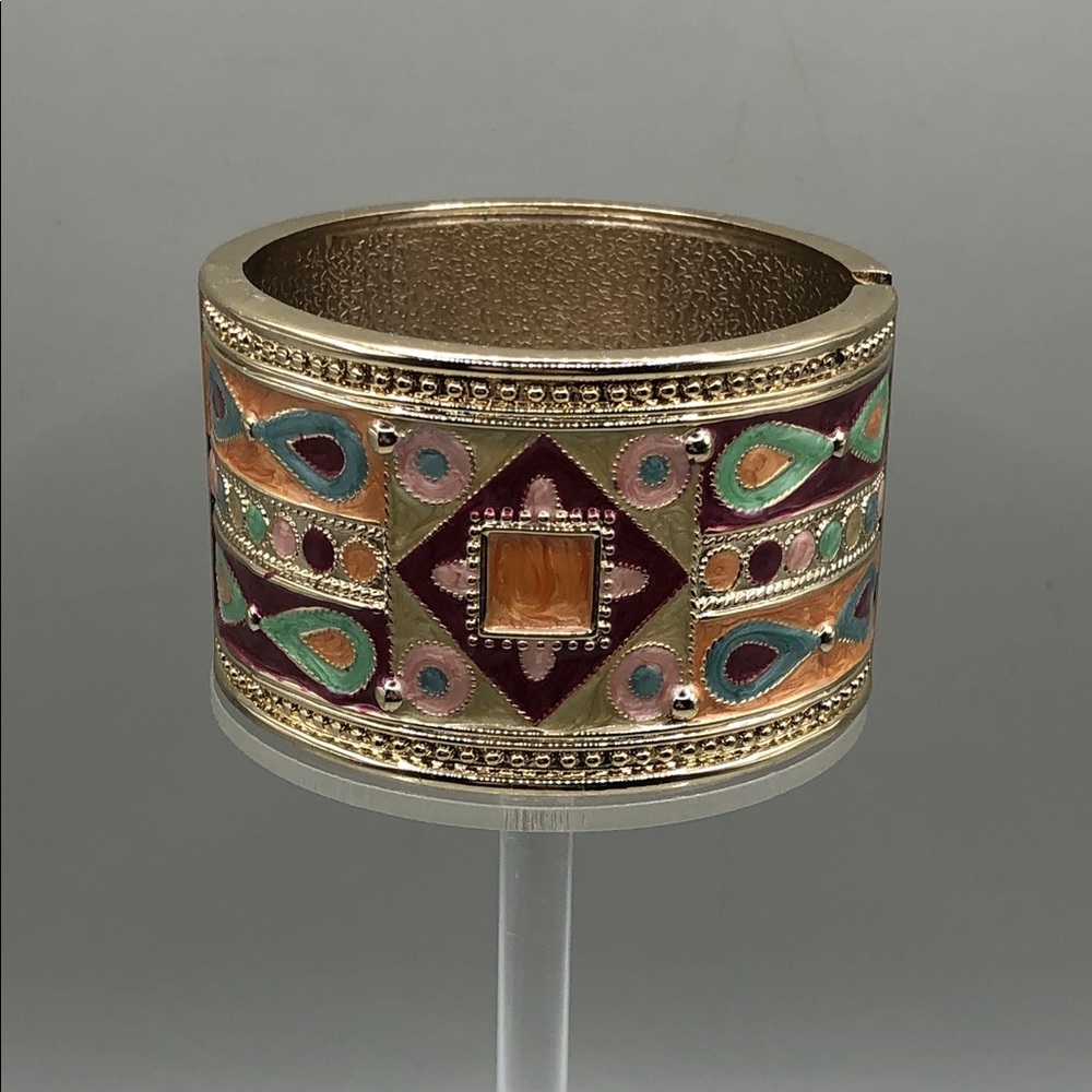 Exotic enamel design antique gold tone wide hinge bangle bracelet statement boho